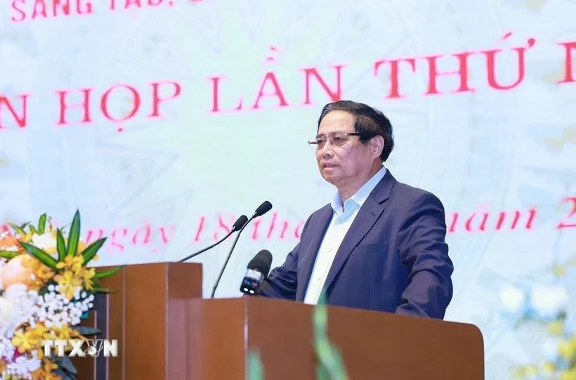 Prime Minister Pham Minh Chinh speaks at the first meeting of the Government steering committee for the development of science, technology, innovation and digital transformation, and Project No. 06. Photo: VNA