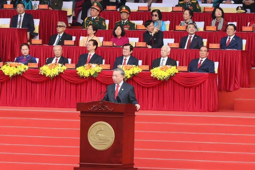 General Secretary of the Central Committee of the Communist Party of Vietnam To Lam delivers the address at the national celebration of the 50th anniversary of the liberation of the South and national reunification in Ho Chi Minh City on April 30. Photo: VNA