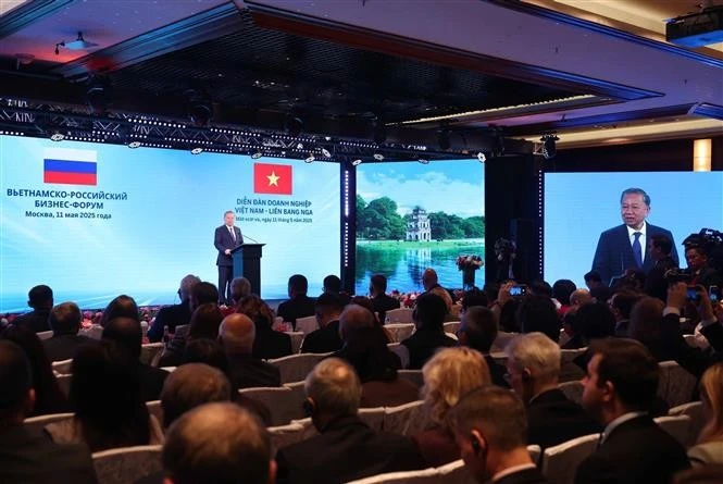General Secretary of the Communist Party of Vietnam (CPV) Central Committee To Lam speaks at the Vietnam-Russia business forum in Moscow on May 11. Photo: VNA