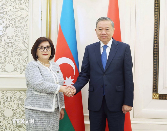 Tổng Bí thư Tô Lâm hội kiến Chủ tịch Quốc hội Azerbaijan Sahiba Gafarova. Ảnh: TTXVN