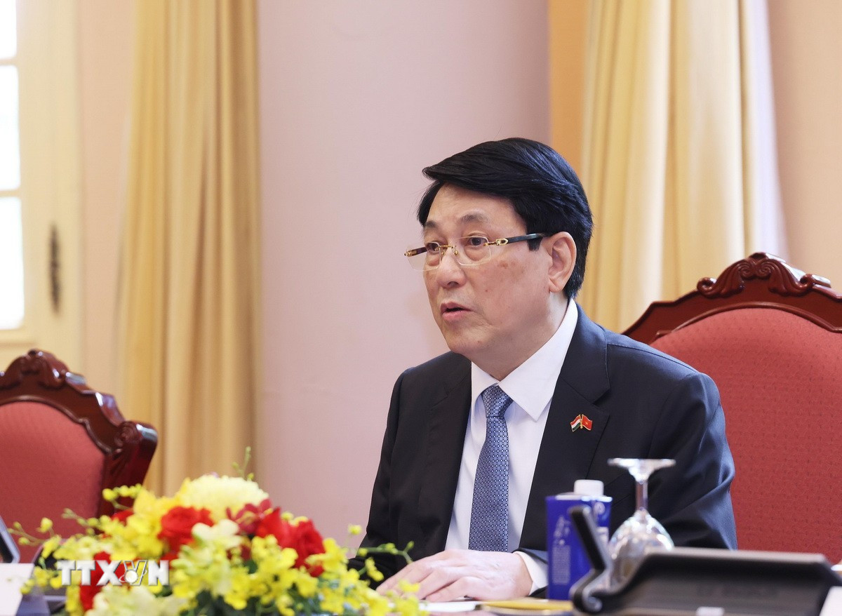 Chủ tịch nước Lương Cường phát biểu tại hội đàm. Ảnh: TTXVN