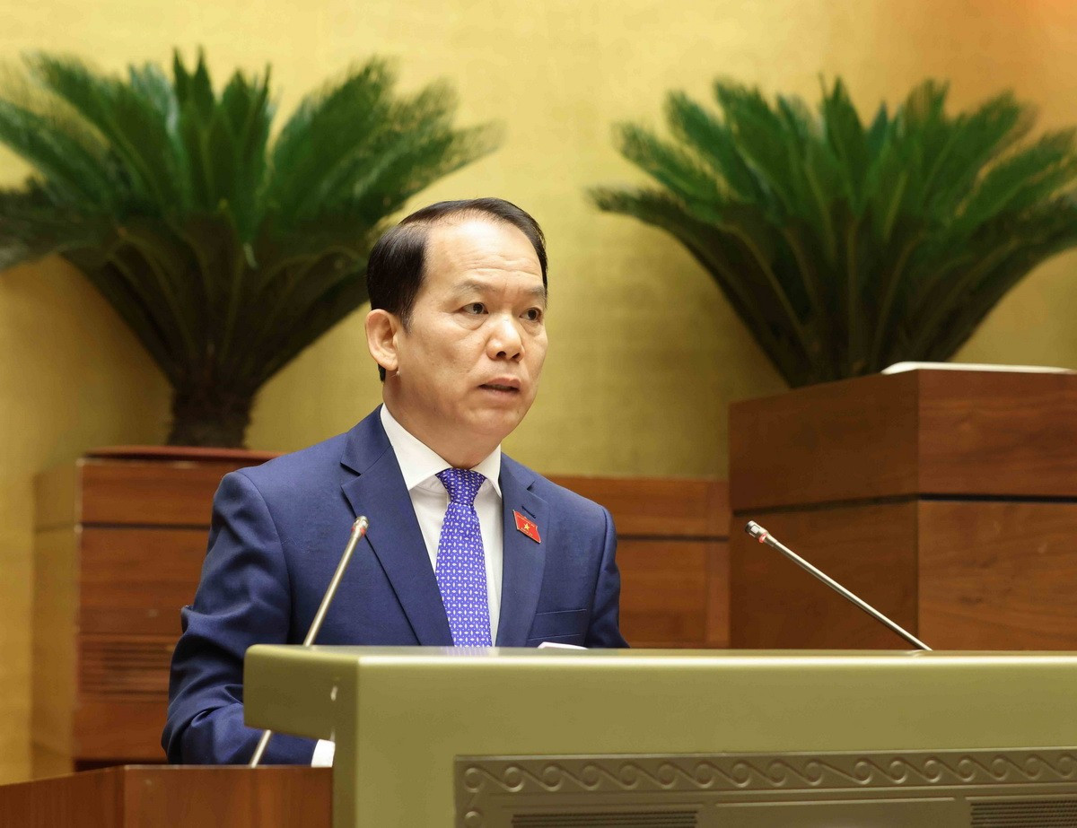 Chủ nhiệm Ủy ban Pháp luật và Tư pháp của Quốc hội Hoàng Thanh Tùng trình bày Báo cáo thẩm tra dự án Luật Tương trợ tư pháp về hình sự. Ảnh: TTXVN