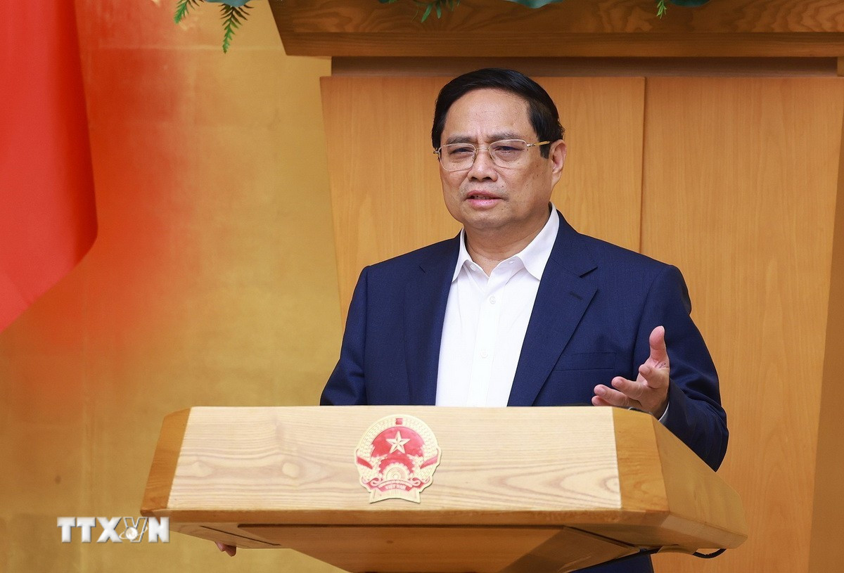 Thủ tướng Phạm Minh Chính chủ trì phiên họp Chính phủ thường kỳ tháng 5 năm 2025. Ảnh: TTXVN
