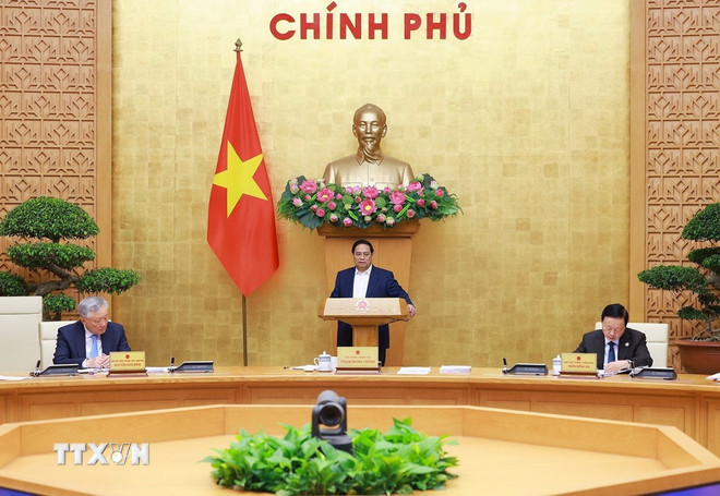 Thủ tướng Phạm Minh Chính chủ trì phiên họp Chính phủ thường kỳ tháng 5 năm 2025. Ảnh: TTXVN