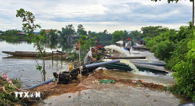 The Phu Ho agricultural cooperative in Phu Ho commune, Phu Vang district, Hue city mobilises manpower and pumps to drain floodwater and save rice crops for local farmers. Photo: VNA