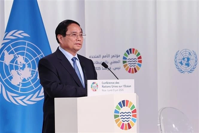 Prime Minister Pham Minh Chinh speaks at the plenary session of the 3rd United Nations Ocean Conference (UNOC 3) in Nice, France, on June 9. Photo: VNA