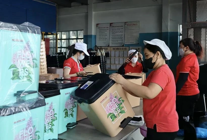 Workers at the Dai Dong Tien plastic company in Ho Chi Minh City label and package products. Photo: VNA